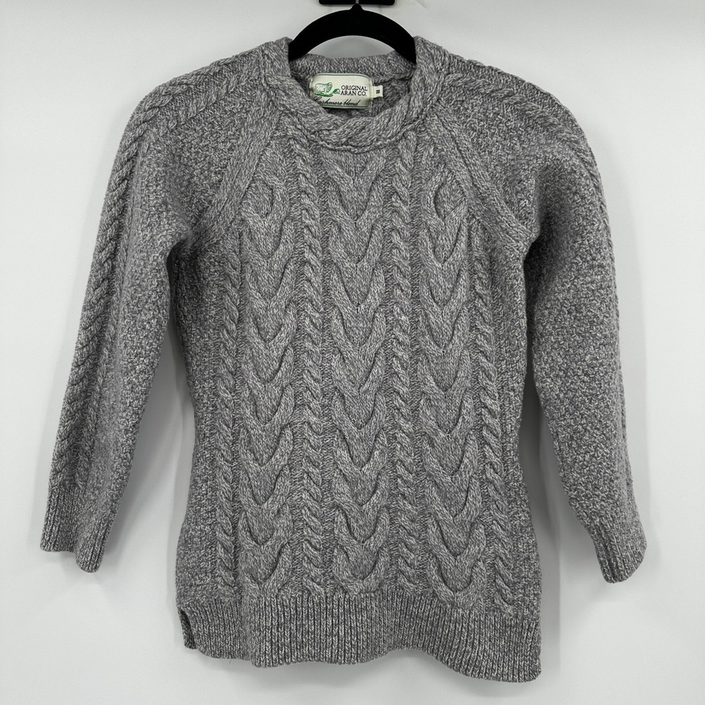 Original Aran Co Grey Merino Wool Cashmere Blend Cable Knit Sweater Women Medium